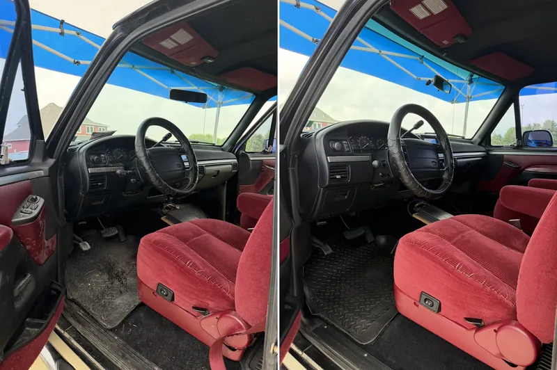 Older Ford truck cabin, before and after